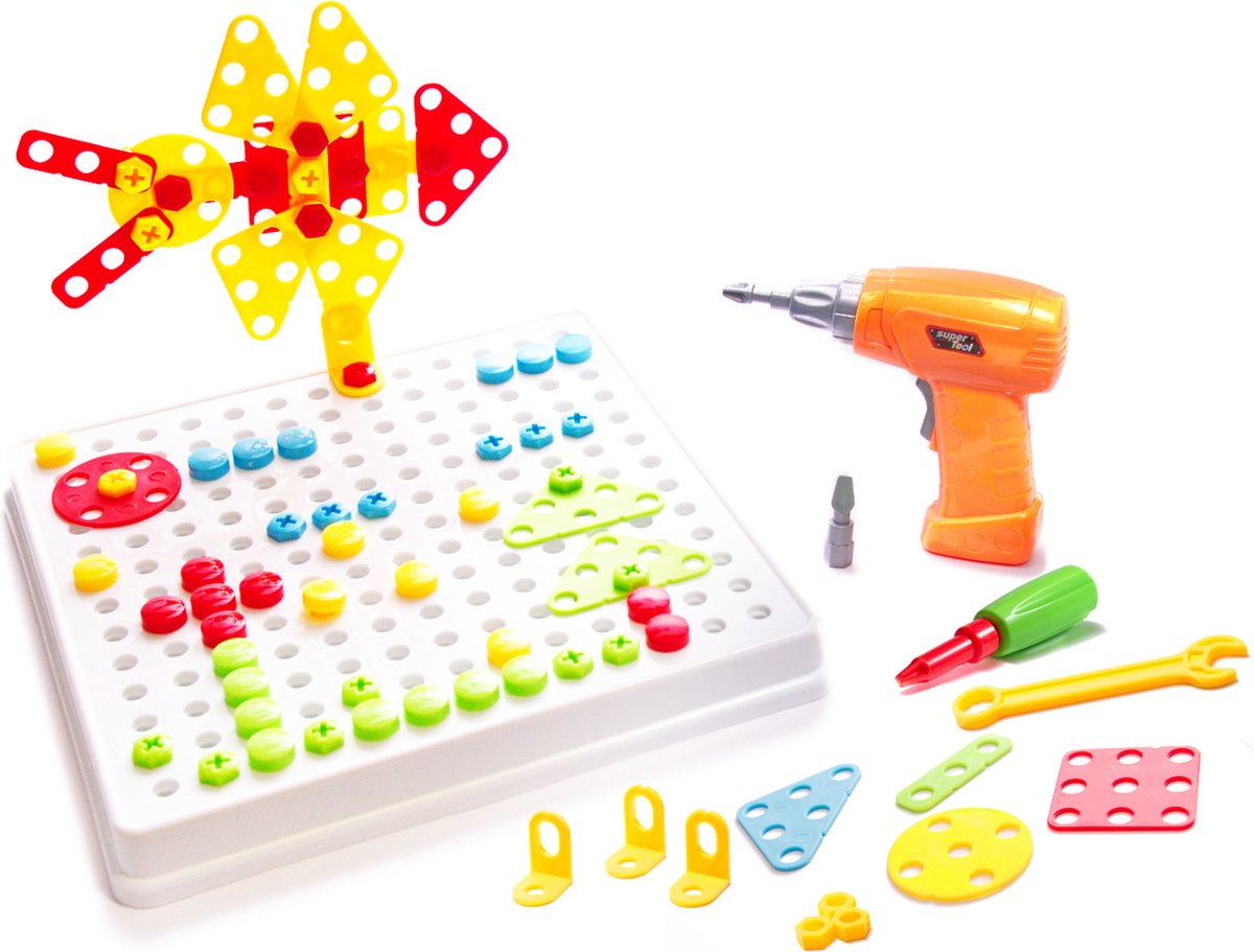 Constructie Bouwset 261-delig – Educatief Doe-Het-Zelfpakket voor Kinderen – Met Boormachine, Schroevendraaier & Gereedschapskoffer – Creatieve 3D Bouwpuzzel — afbeelding 2