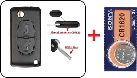 Etui clé voiture 2 boutons CEO523-HU83 avec batterie Sony adapté pour  Peugeot Expert /