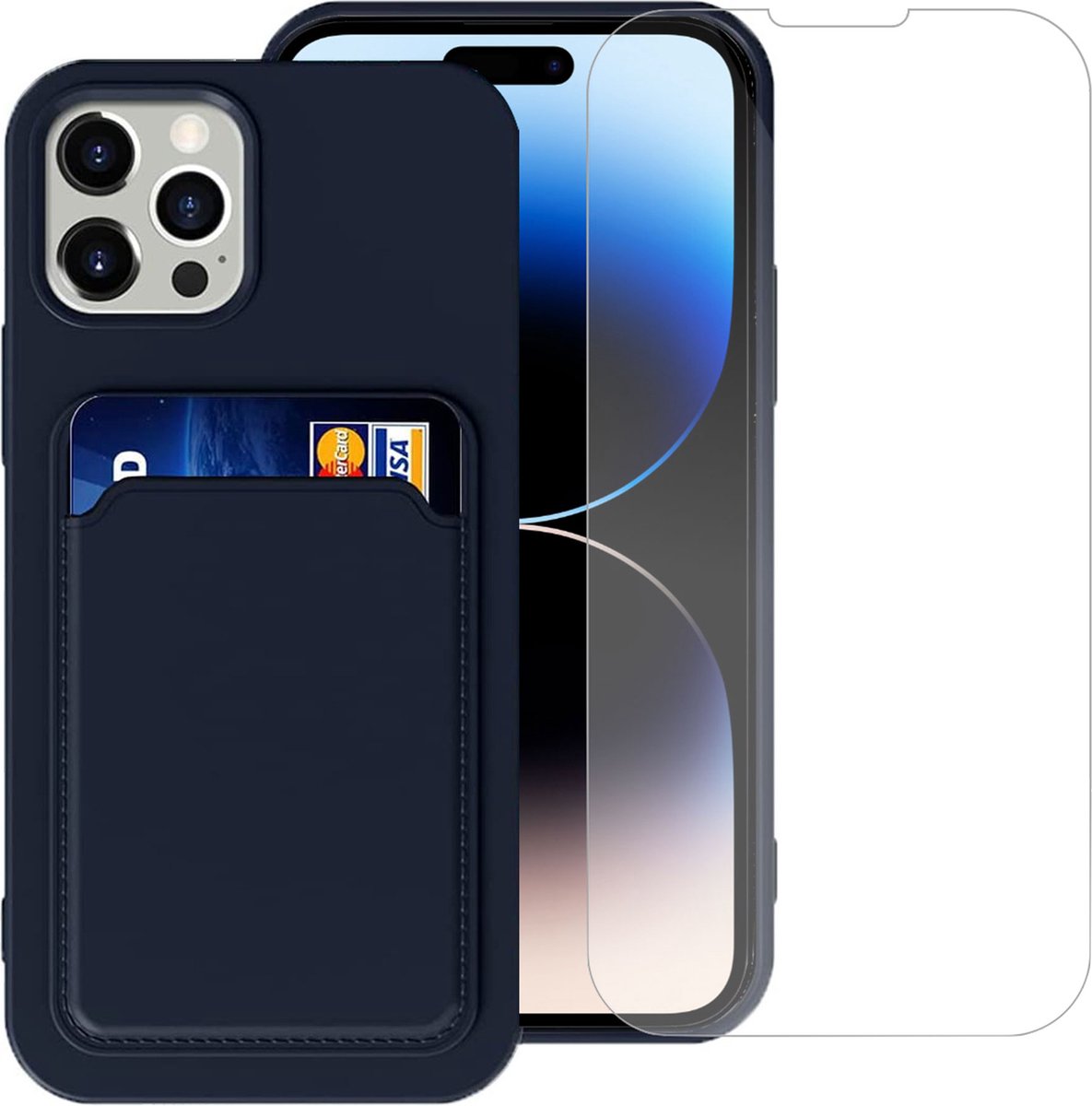 Geschikt voor iPhone 14 Pro Pasjes houder Hoesje Case + Screenprotector – Gehard Glas Cover - Portemonnee Hoesje Cover - Blauw