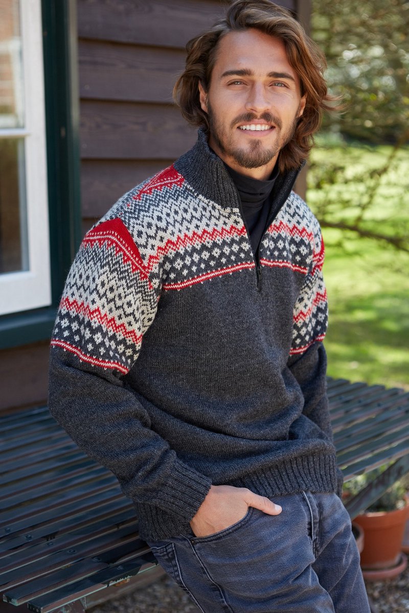 Nordic - wollen trui - Heren trui - wollen sweater met ingebreide patronen - Schippers trui - Noorse trui - ongevoerd - 100% wol - Pachamama -