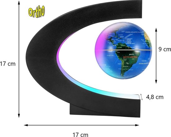 Support noir en forme de C avec un globe flottant. Dimensions : 17 cm de haut, 17 cm de large, 4,8 cm de profondeur. Avec éclairage LED coloré.