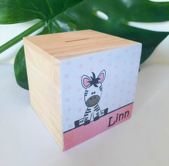 Houten spaarpot - Zebra - Jungle - Safari - Dieren - Sterren - Meisje - Baby - Roze - Kraamcadeau - Hout - SVP NAAM DOORGEVEN PER E-MAIL van Houten — afbeelding 2