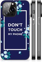 Leuk TPU Back Case iPhone 14 Pro Max Telefoon Hoesje met Zwarte rand Flowers Blue Don't Touch My Phone