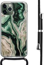 Casimoda® hoesje met koord - Geschikt voor iPhone 11 Pro Max - Groen marmer / Marble - Afneembaar koord - Siliconen/TPU - Groen