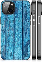 Telefoonhoesje Geschikt voor iPhone 14 Backcase Siliconen Hoesje met Zwarte rand Wood Blue