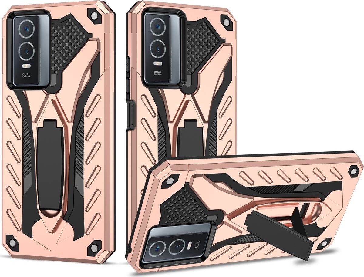 Mobigear Hoesje geschikt voor Vivo Y76 Telefoonhoesje Hardcase | Mobigear Armor Stand Backcover Shockproof met Standaard | Schokbestendig Y76 Telefoonhoesje | Anti Shock Proof - Roségoud