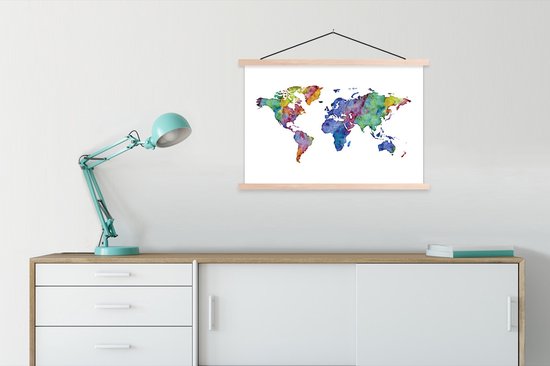 Affiche scolaire - Wereldkaart - Aquarelle - Arc-en-ciel - 90x60 cm