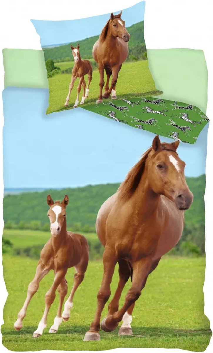 KD® - Bruine Paard op het gras - Dekbedovertrek - Eenpersoons - 140 x 200 cm - Katoen