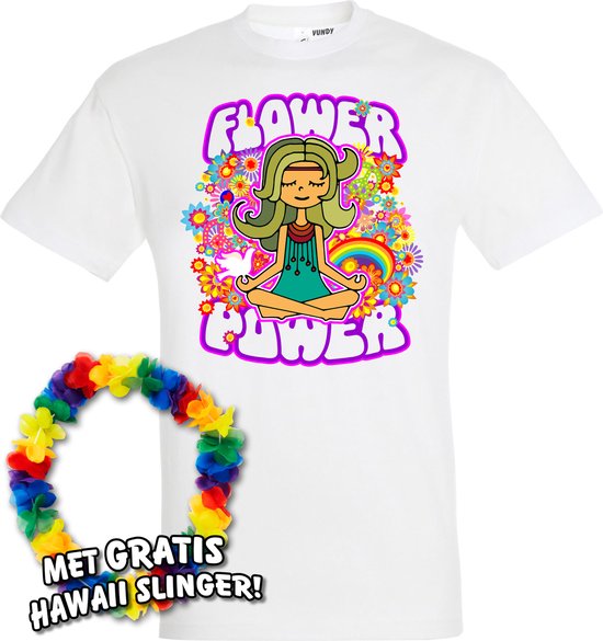 T-shirt Hippie Girl Meditation Flower Power | Toppers in Concert 2022 | Carnaval | Carnavalskleding dames heren | Wit | maat 4XL