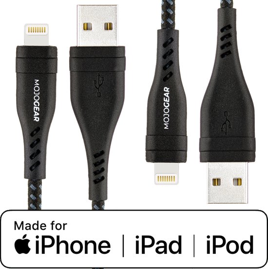 2x MOJOGEAR Lightning naar USB kabel Extra Sterk – Voor iPhone X,11,12,13,14 — Kabels 1,5 meter [DUOPACK] - Donkergrijs