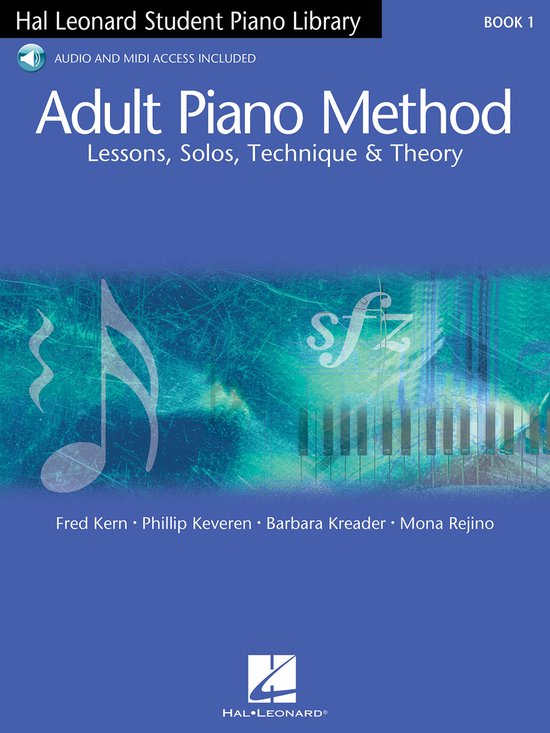 Couverture du livre 'Adult Piano Method', Livre 1, avec le titre et les noms des auteurs. Fond abstrait avec des notes de musique et un clavier de piano.