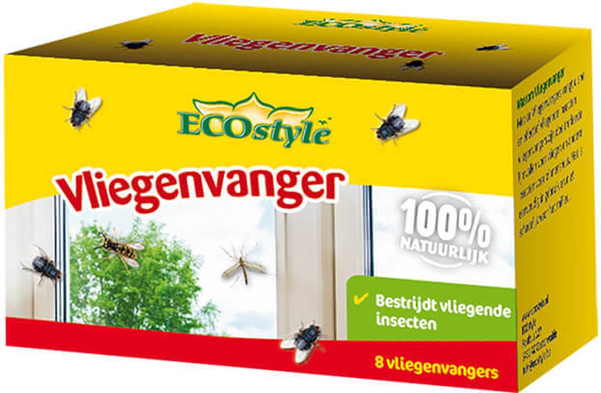 ECOstyle Vliegenvanger tegen Vliegende Insecten - Voor Binnenshuis - Eenvoudig & Milieuvriendelijk - 8 Kleefrollen - Bestrijdt in omgeving van 10 M²