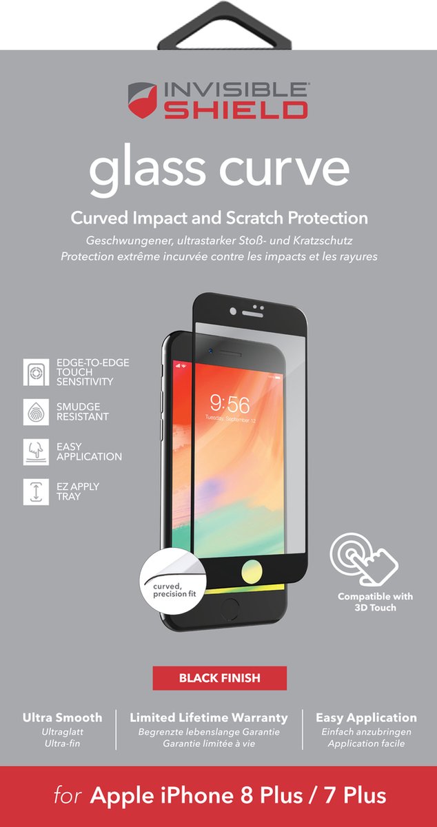 InvisibleShield GLASS CURVE screenprotector voor IPHONE 8 PLUS / 7 PLUS zwart