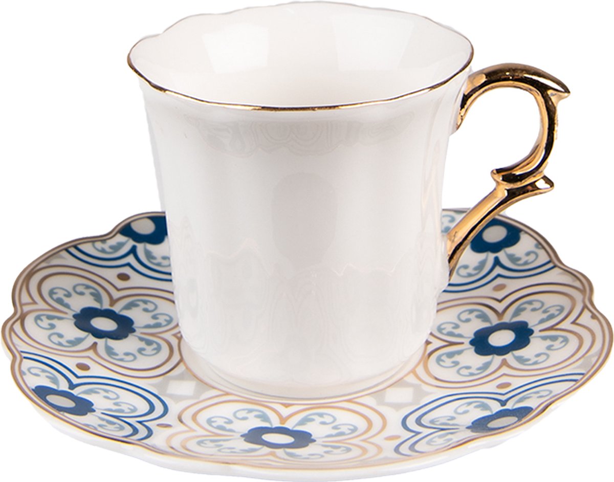 Clayre & Eef Kop en Schotel 95 ml Wit Blauw Porselein