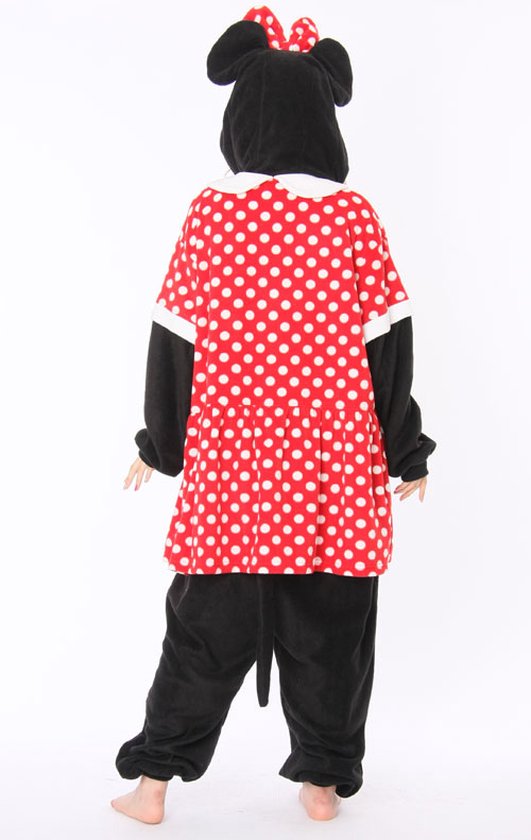 Jumpsuit in Minnie Mouse-stijl, zwart met rode jurk met witte stippen en witte kraag. Achteraanzicht.