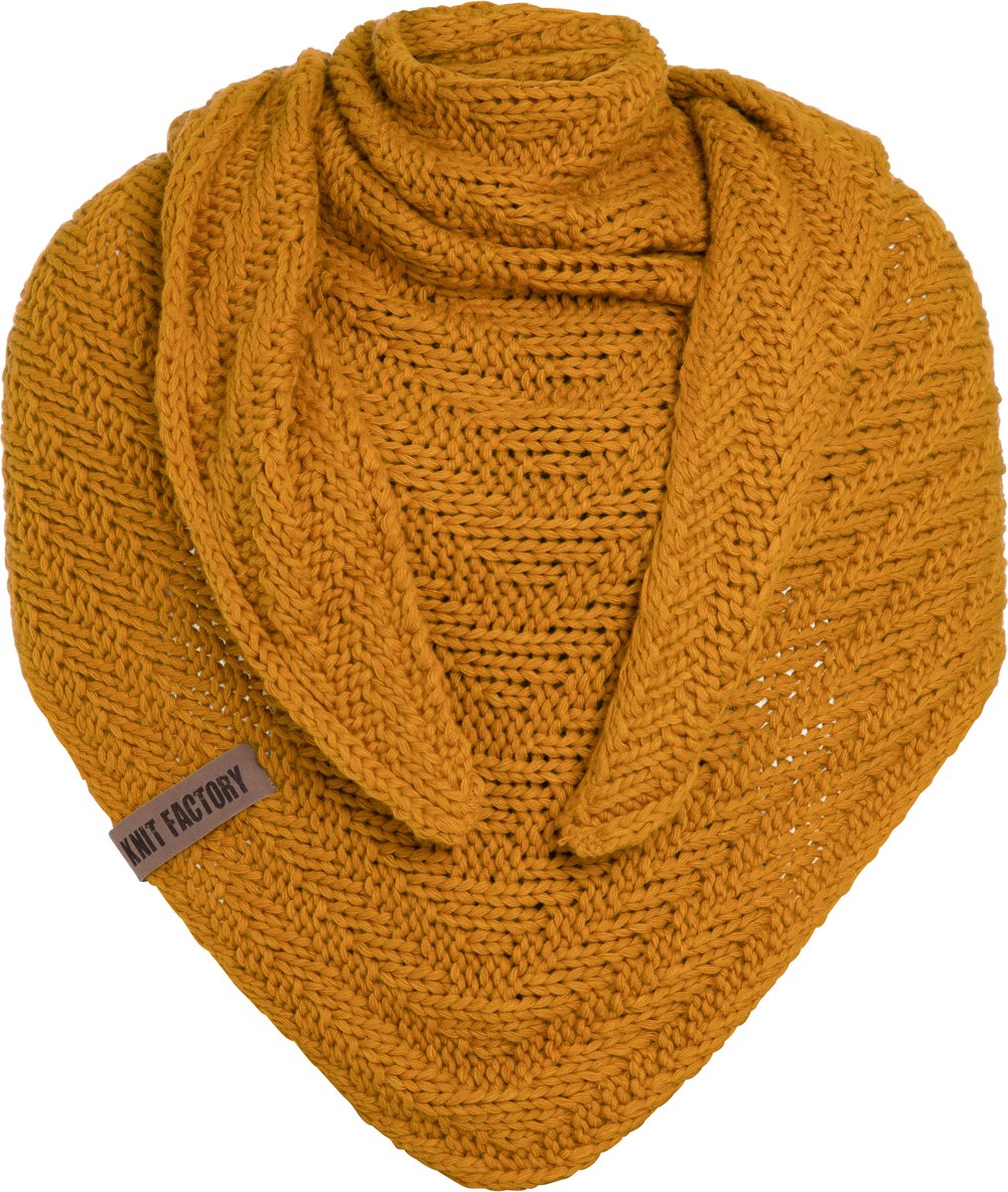 Knit Factory Sally Gebreide Omslagdoek - Driehoek Sjaal Dames - Dames sjaal - Wintersjaal - Stola - Wollen sjaal - Gele sjaal - Oker - 220x85 cm - Grof gebreid