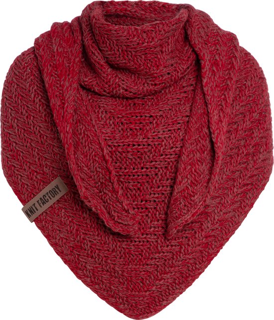 Knit Factory Sally Gebreide Omslagdoek - Driehoek Sjaal Dames - Dames sjaal - Wintersjaal - Stola - Wollen sjaal - Rood gemêleerde sjaal - Bordeaux/Stone Red - 220x85 cm - Grof gebreid