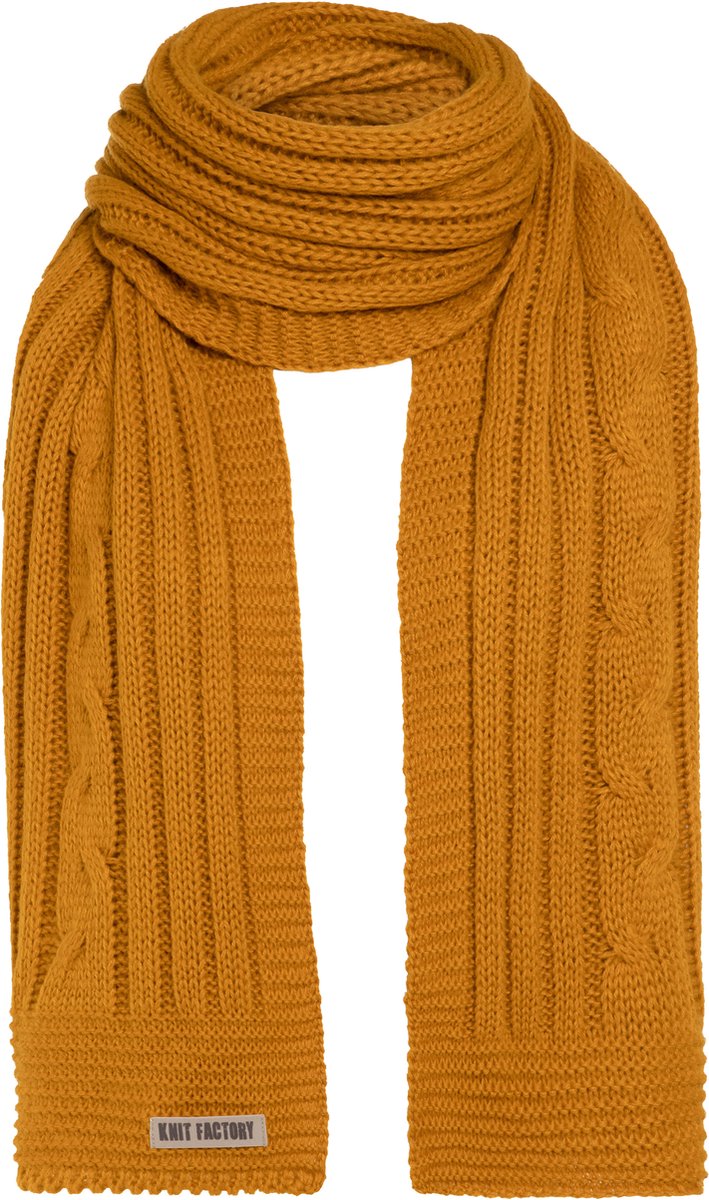 Knit Factory Elin Gebreide Sjaal Dames & Heren - Warme Wintersjaal - Grof gebreid - Langwerpige sjaal - Wollen sjaal - XXL sjaal - Heren sjaal - Dames sjaal - Unisex - Oker - Geel - 200x50 cm