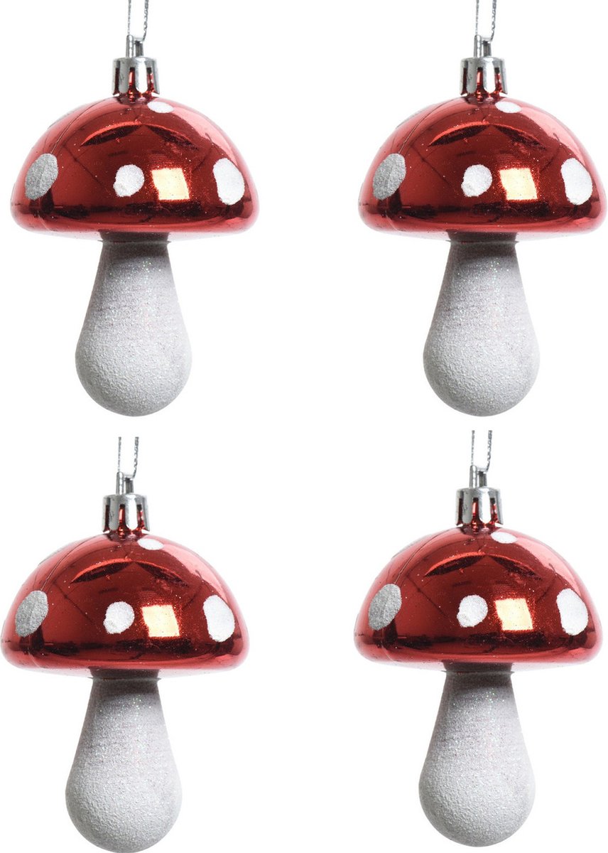 Decoris Kersthangers - 6x - rood - paddenstoelen - 7 cm - kerstversiering - Rode kerstversiering/boomversiering