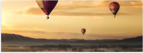 WallClassics - Poster Glanzend – Luchtballonen Zwevend boven Open Veld - 90x30 cm Foto op Posterpapier met Glanzende Afwerking