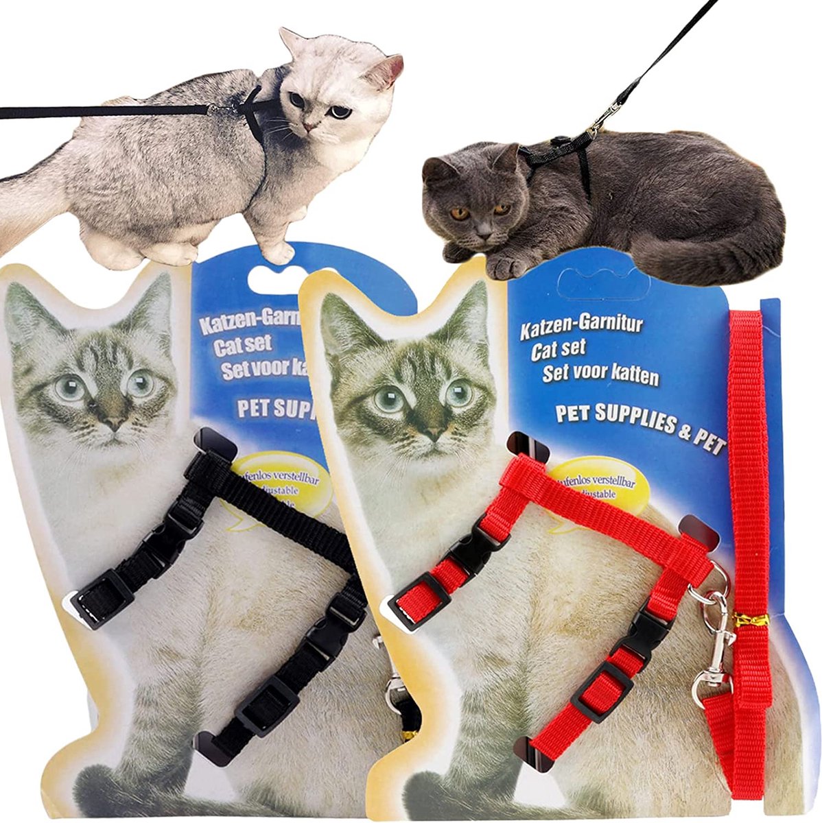 2x Kattenharnas met Riem verstelbaar Nylon Tuigje kattentuigje met looplijn voor Katten Kleine Honden Konijnen zwart en rood - kattenharnas looplijn kat 125 cm