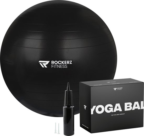 Rockerz Fitness® - Yoga bal inclusief pomp - Pilates bal - Fitness bal - Zwangerschapsbal - Goede houding bij het thuiswerken - 55 cm - kleur: Zwart