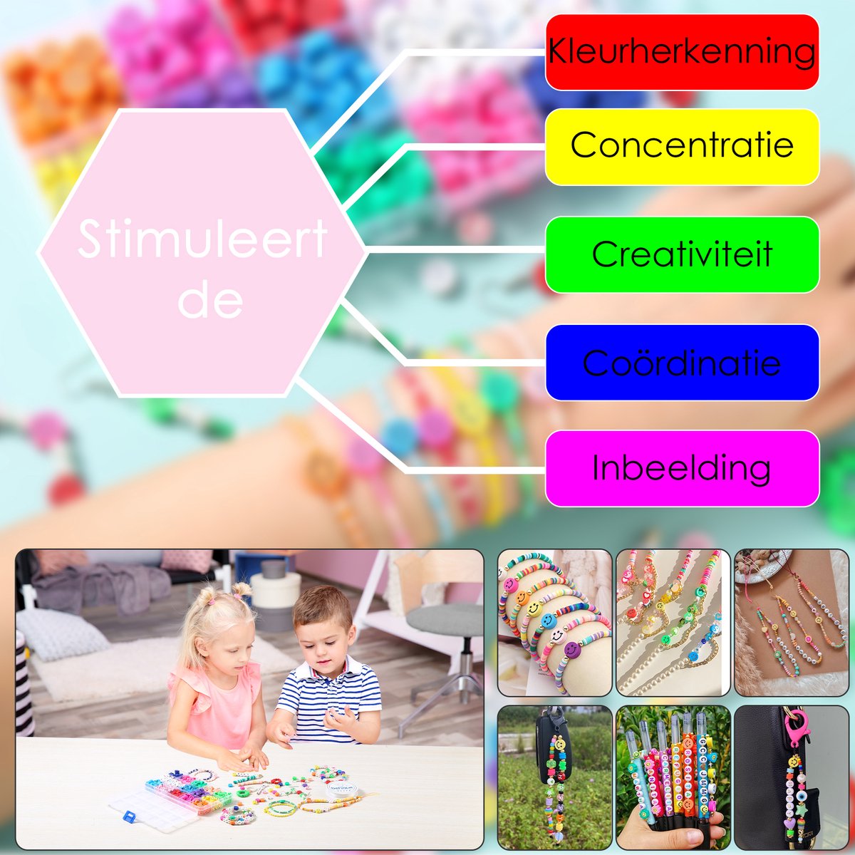 Behave Polymeer Smiley Kralen Set - Knutselen Meisjes - Klei Kralen - 440-Delig - 10 mm — afbeelding 6