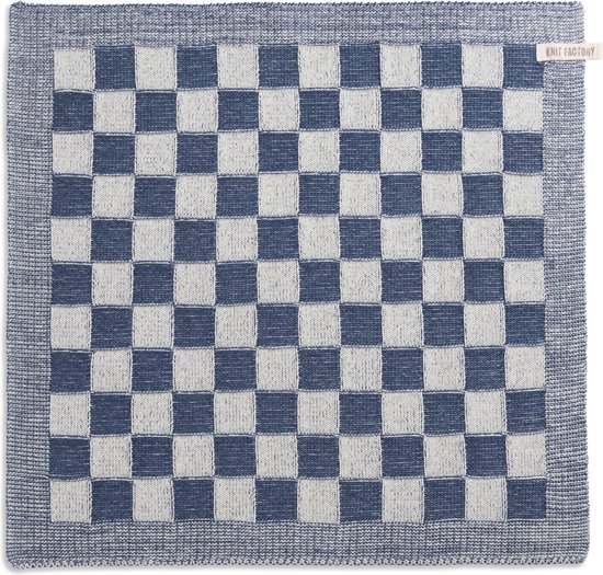 Knit Factory Gebreide Keukendoek - Keukenhanddoek Block - Geblokt motief - Handdoek - Vaatdoek - Keuken doek - Ecru/Jeans - Traditionele look - 50x50 cm
