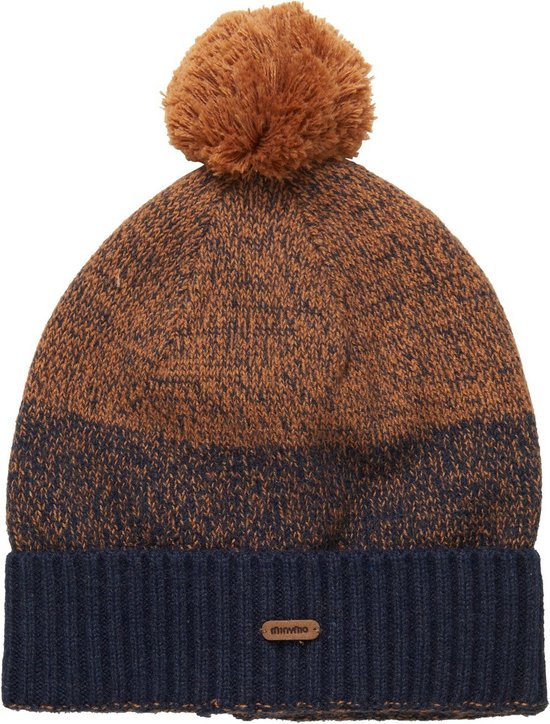 Minymo - Beanie met pompom voor kinderen - Colorblock - Bruine suiker - maat 80-86cm