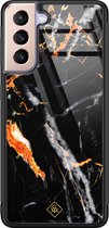 Casimoda® hoesje - Geschikt voor Samsung Galaxy S21 - Marmer Zwart Oranje - Luxe Hard Case Zwart - Backcover telefoonhoesje - Multi