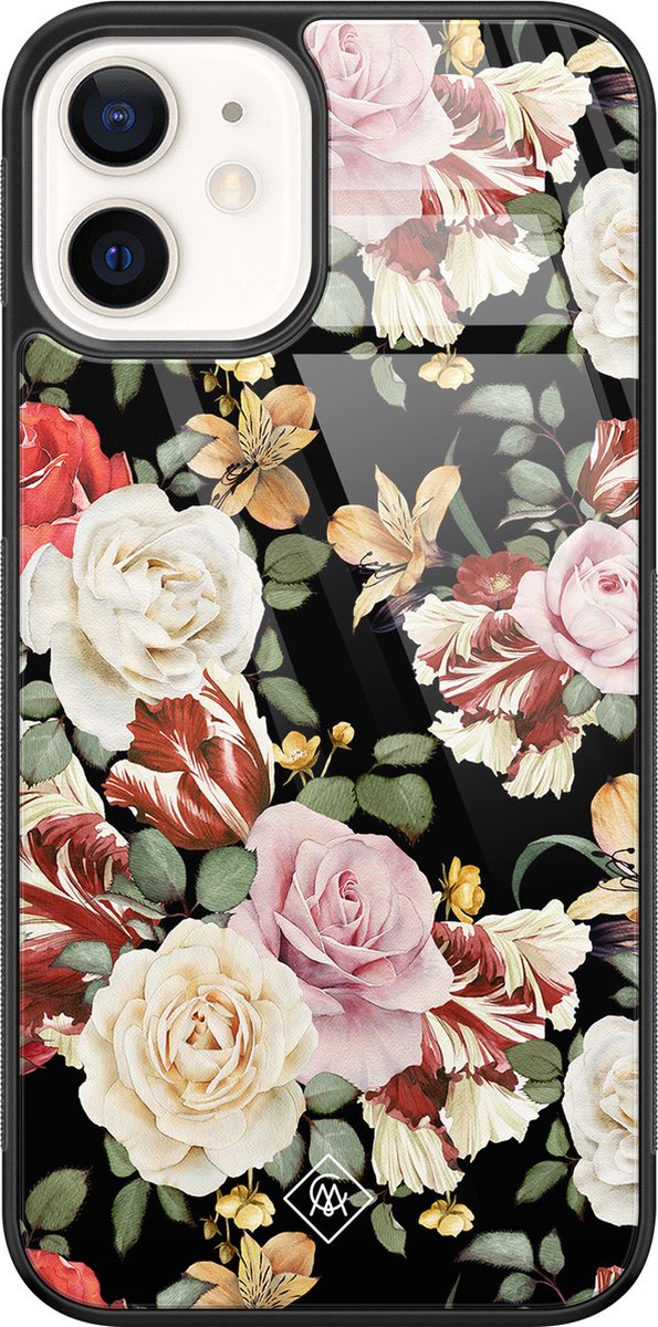 Casimoda® hoesje - Geschikt voor iPhone 12 - Bloemen flowerpower - Luxe Hard Case Zwart - Backcover telefoonhoesje - Multi