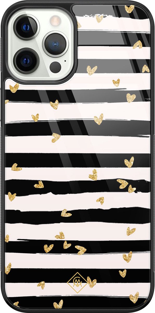 Casimoda® hoesje - Geschikt voor iPhone 12 Pro - Hart Streepjes - Luxe Hard Case Zwart - Backcover telefoonhoesje - Zwart