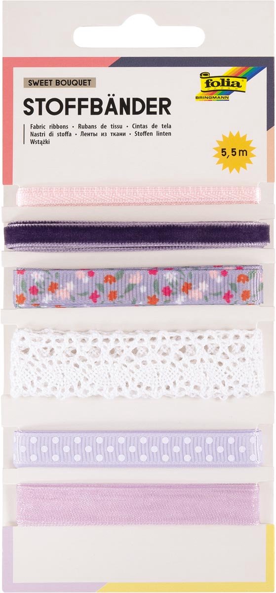 Folia stoffen linten, 6 geassorteerde kleuren, totale lengte 5,5 m, sweet bouquet 6 stuks