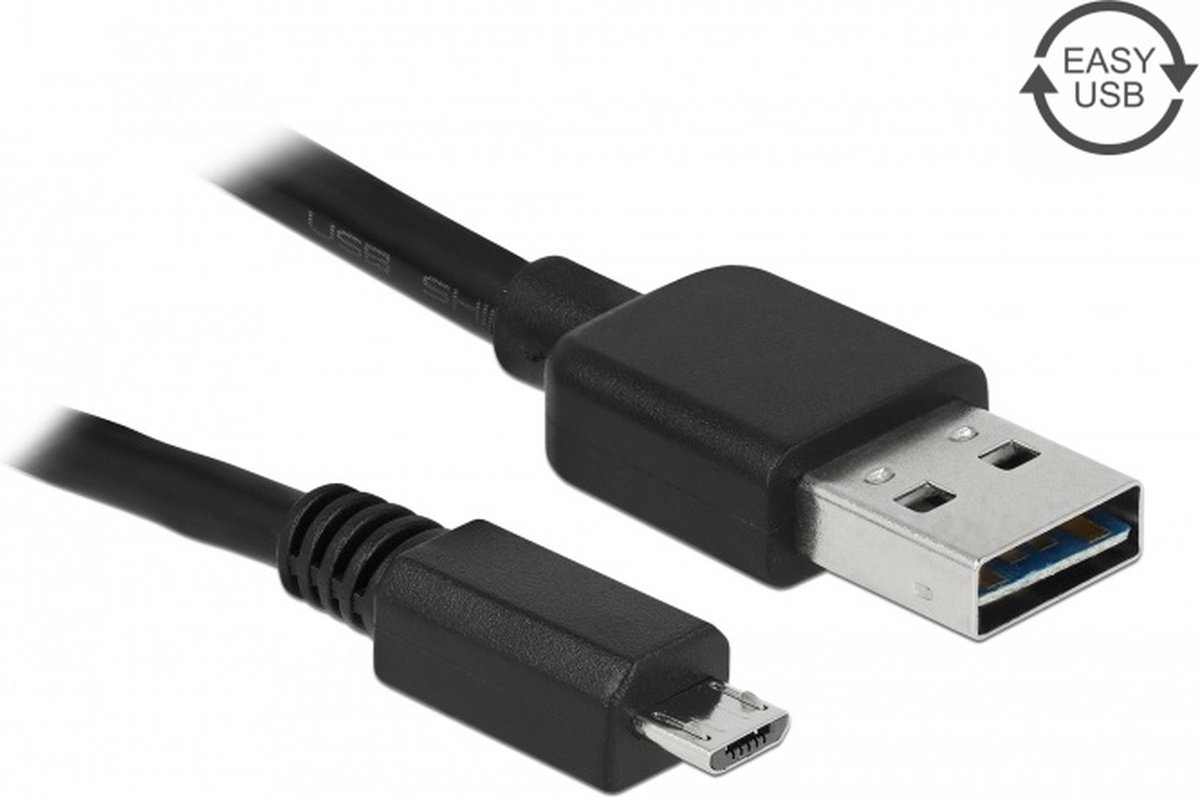 Micro USB naar Easy-USB-A kabel - USB2.0 - tot 2A / zwart - 0,50 meter