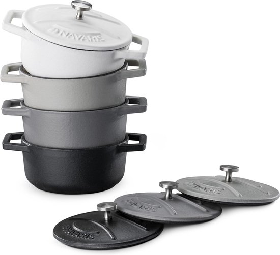 Navaris ronde gietijzeren mini pannetjes - 4x cocotte pannenset met deksel - Set van 4 kleine pannen met geëmailleerde coating - In wit grijs en zwart