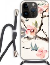 Case Company® - Hoesje met koord geschikt voor iPhone 14 Pro hoesje met Koord - Japanse bloemen - Telefoonhoesje met Zwart Koord - Extra Bescherming aan alle Kanten en Over de Schermrand