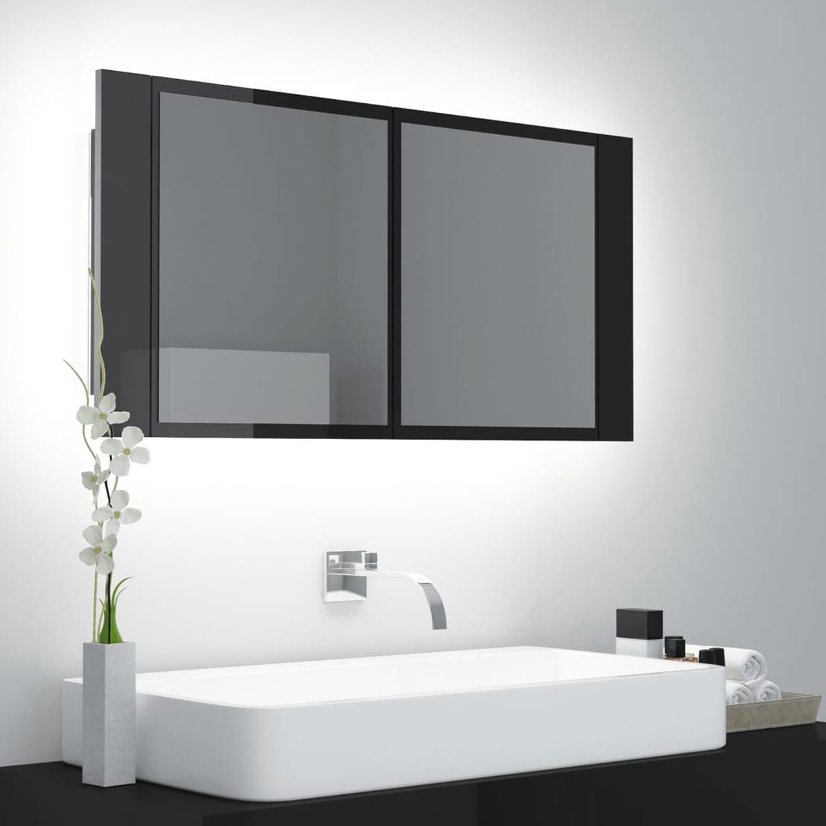 Prolenta Premium - Badkamerkast met spiegel en LED 90x12x45 cm hoogglans zwart