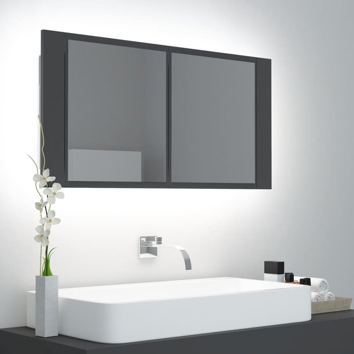 Prolenta Premium - Badkamerkast met spiegel en LED 90x12x45 cm grijs