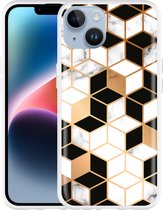 Geschikt voor Apple iPhone 14 Hoesje Black-white-gold Marble - Designed by Cazy