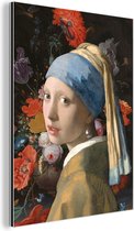 Wanddecoratie Metaal - Aluminium Schilderij Industrieel - Meisje met de parel - Vermeer - Bloemen - 120x160 cm - Dibond - Foto op aluminium - Industriële muurdecoratie - Voor de woonkamer/slaapkamer