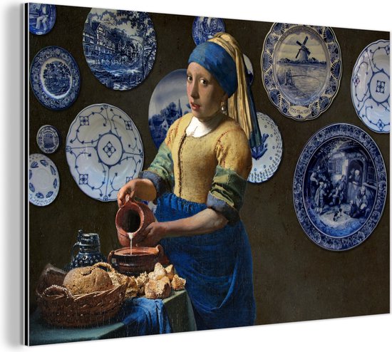 Wanddecoratie Metaal - Aluminium Schilderij - Meisje met de parel - Melkmeisje - Delfts Blauw