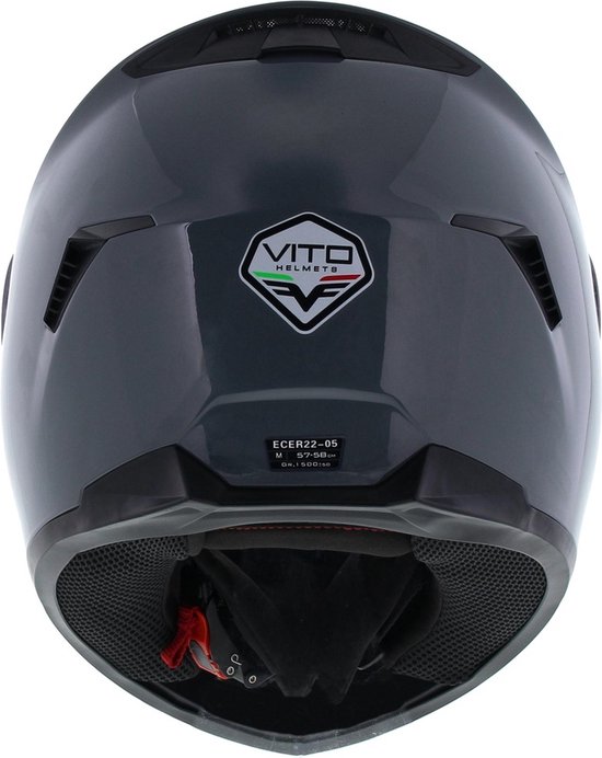 Achterkant donkergrijze integraalhelm met Vito logo, ECE-keurmerk en maat M.