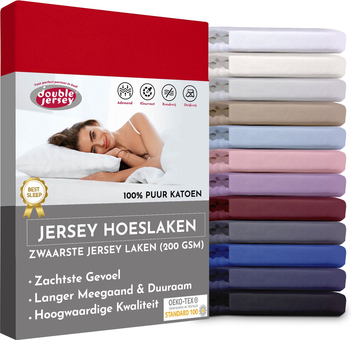 Double Jersey Hoeslaken - Hoeslaken 180x200+30 cm - 100% Katoen Rood