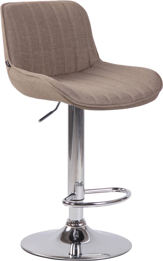 Taupe stoffen barkruk met gestoffeerde zitting en rugleuning, verstelbare chromen voet en ring.