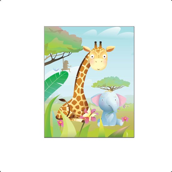 PosterDump - Safari giraf en olifant beestenboel links - Baby / kinderkamer poster - Dieren poster - 30x21cm / A4
