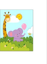 PosterDump - Giraf olifant bijtje vlinder dieren in de bosjes links - Baby / kinderkamer poster - Dieren poster - 50x40cm