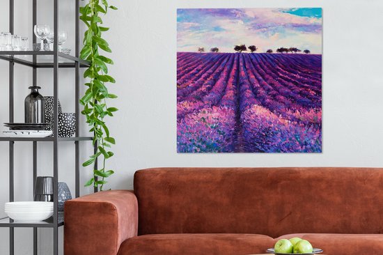 Toile - Huile - Fleurs - Lavande - Peinture - Violet - 90x90 cm - Décoration murale - Intérieur