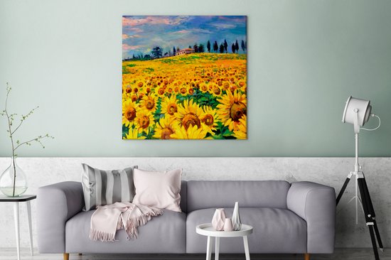 Peinture sur toile - Tournesol - Fleurs - Peinture à l'huile - Nature - Peintures sur toile - 90x90 cm - Toile nature - Décoration murale