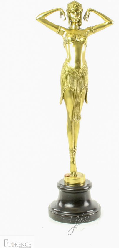 Egyptische danseres, Scarab dancer, Bronzen sculptuur op marmer basis, Gepolijst beeld goud