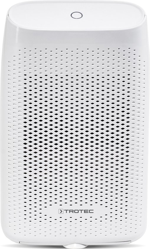 Vooraanzicht van witte Trotec luchtontvochtiger met perforaties en logo.